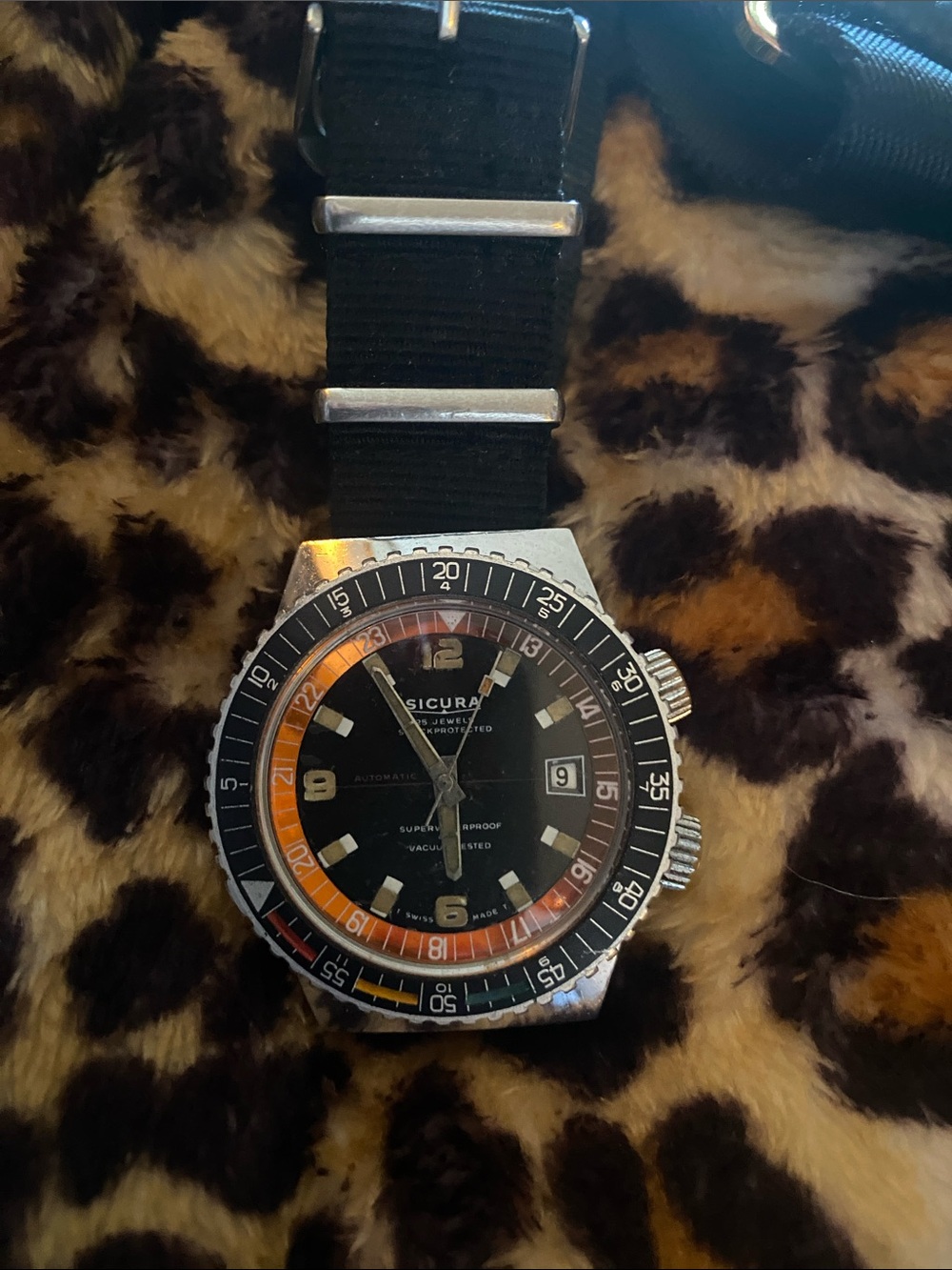 Vintage Sicura Black Dial Watch with Orange Accent Diver Watch.